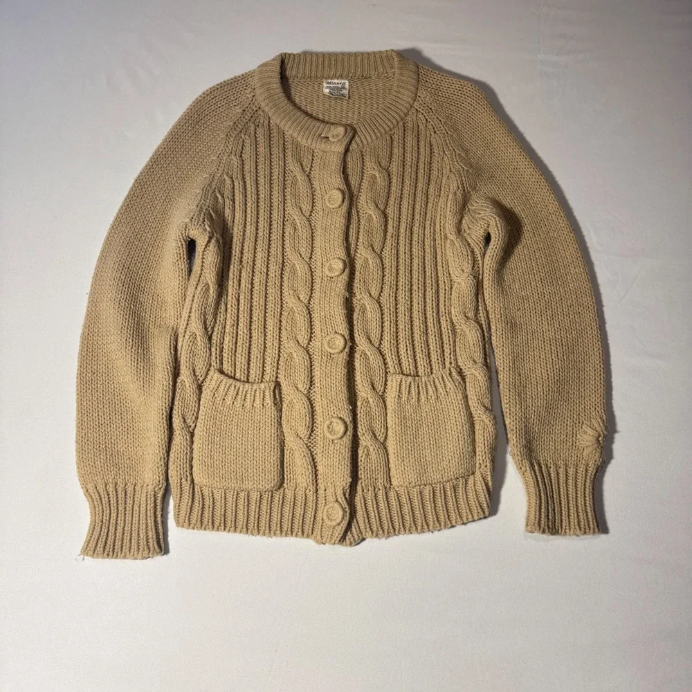 Vintage Tan Cable Knit Cardigan Sweater Womens Small‎ Chunky Button Front Korea